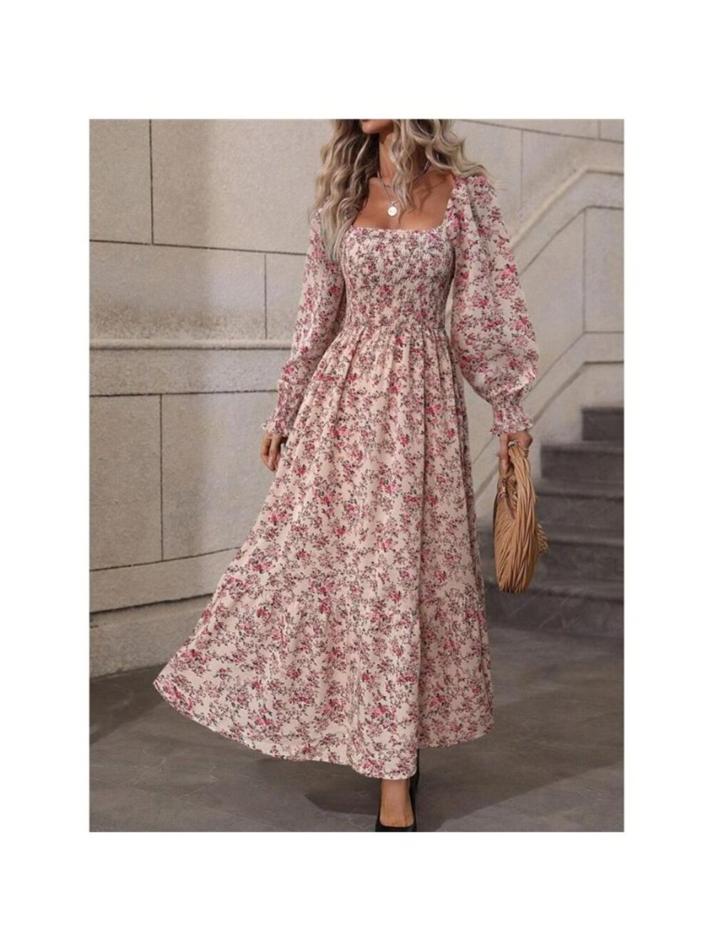 Floral Print Square Neck Smocked Midi Dress